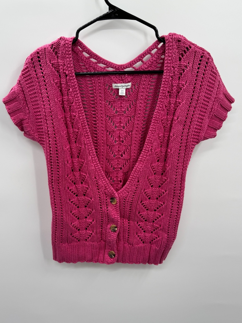 Vintage 2010 American Eagle Chunky Crochet Knit Cardigan Vest Magenta Pink Sz M